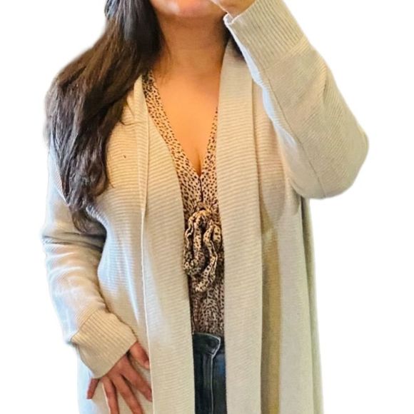 Eileen Fisher Light Gray Ribbed 100% Cashmere Long sleeve Shawl Open Cardigan L - Picture 9 of 16